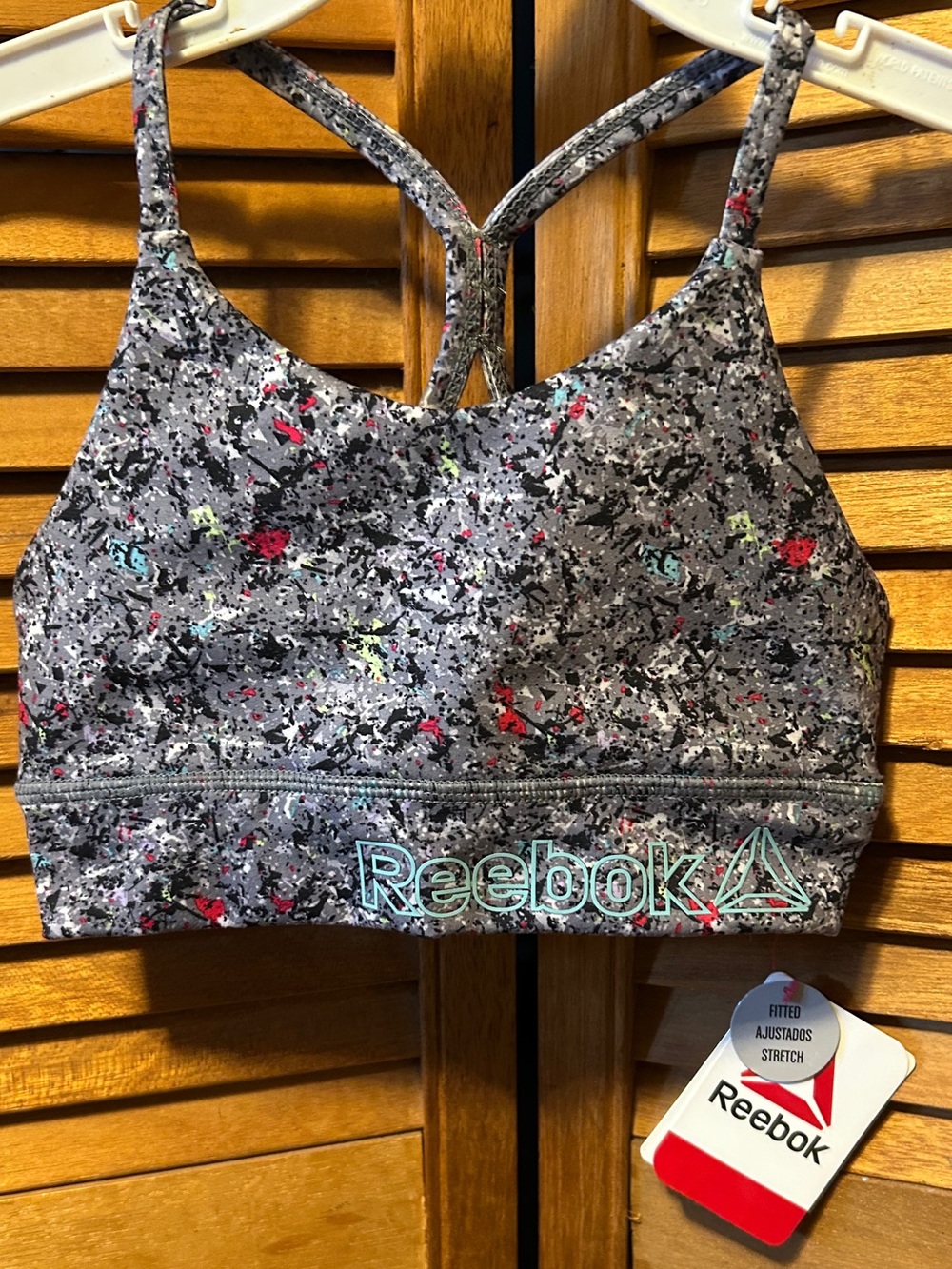 Reebok Gray Speckled StretchRacerback Sports Bra/Swim Top w/Multicolor Accent
